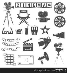 Set of cinema icons. Directors chair, cinema cameras, 3d goggles, tickets, film strip. Design elements for poster, logo, label, emblem, sign. Vector illustration.