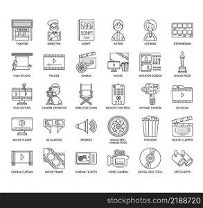 Set of cinema thin line and pixel perfect icons for any web and app project.