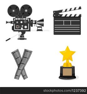 Set of cinematography elements - vintage camera, clapperboard, film tape and trophy award.