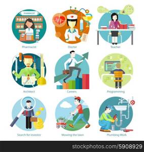 Set of circle colorful icons with different professions in trendy flat style. Teacher, doctor, architect, pharmatist, investor. Template elements for web and mobile applications