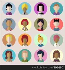 Set of circle flat icons with women. Vector illustration