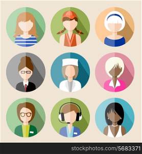 Set of circle flat icons with women. vector illustration