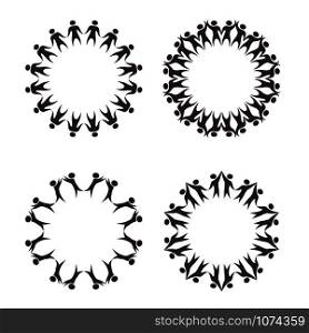 Set of circle frame of simple black silhouettes of rejoicing and dancing people. The object is separate from the background. Vector round template for infographics, cards, banners and your design.. Set of circle frame of simple black silhouettes of rejoicing and dancing people. The object is separate from the background. Vector round template