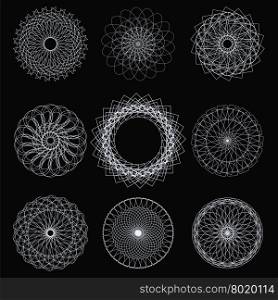 Set of Circle Geometric Ornaments Isolated on Black Background. Set of Circle Geometric Ornaments
