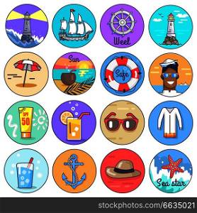 Set of circle icons depicting multiple marine items. Vector illustration of various things and object related to spending time on beach or at sea. Set of Icons Depicting Multiple Marine Items