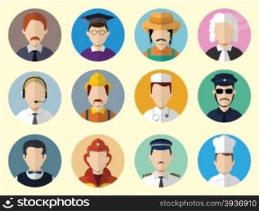 Set of Circle Icons with Man Different Professions in Trendy Flat Style. Template Elements for Web and Mobile Applications. Vector Illustration.