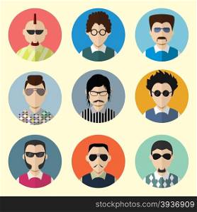 Set of Circle Icons with Man Sunglasses in Trendy Flat Style. Template Elements for Web and Mobile Applications. Vector Illustration.