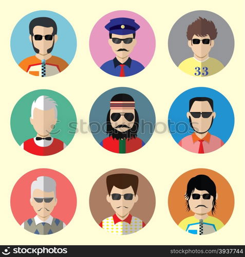 Set of Circle Icons with Man Sunglasses in Trendy Flat Style. Template Elements for Web and Mobile Applications. Template Elements for Web and Mobile Applications. Vector Illustration. Set - 10