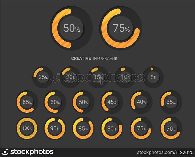 Set of circle percentage diagrams from 0 to 100 ready-to-use for web design, user interface (UI).