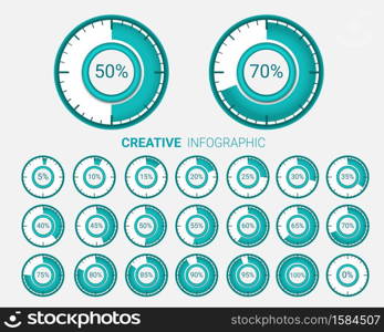 Set of circle percentage diagrams from 0 to 100 ready-to-use for web design, user interface (UI).