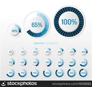 Set of circle percentage diagrams (meters) from 0 to 100 ready-to-use for web design. Vector illustration.
