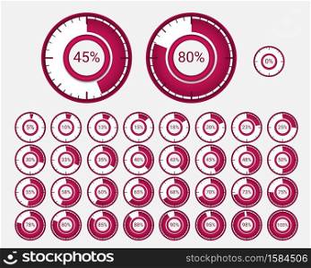 Set of circle percentage diagrams (meters) from 0 to 100 ready-to-use for web design. Vector illustration.