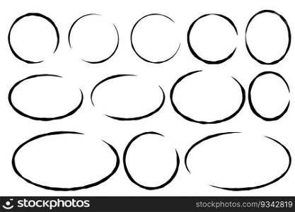 Set of circles. Geometric round. Collection of black sketch ring and oval shapes. Doodle cartoon. Set of circles. Geometric round.