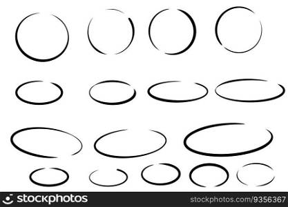 Set of circles. Geometric round. Collection of black sketch ring and oval shapes. Doodle cartoon