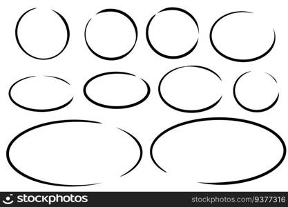 Set of circles. Geometric round. Collection of black sketch ring and oval shapes. Doodle cartoon. Set of circles. Geometric round.