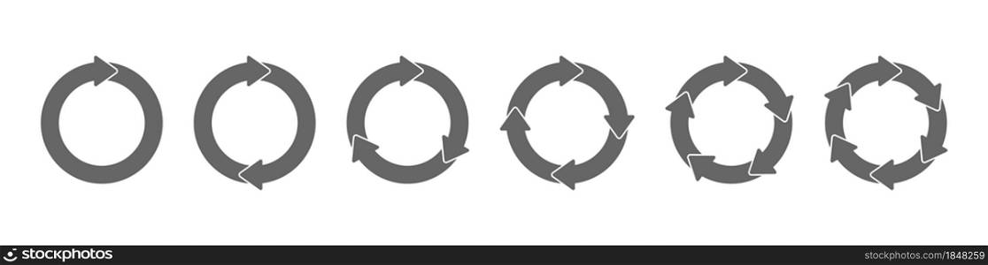 set of circular arrows. Circular motion. The icon for reloading, repeating, rotating, or performing a process action. Flat style