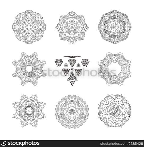 Set of circular patterns or mandalas for coloring book on isolated background. . Circular monochrome pattern set
