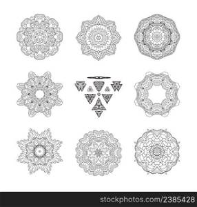 Set of circular patterns or mandalas for coloring book on isolated background. . Circular monochrome pattern set