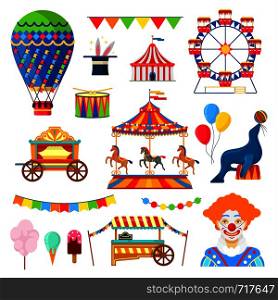 Set of circus and amusement icons in flat style on white background
