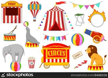 Set of circus elements on a white background