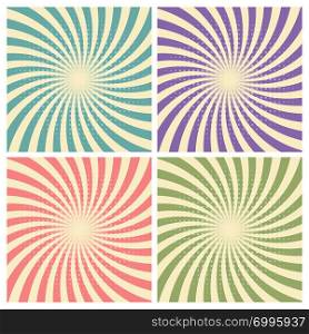 Set of circus graphic radius effects retro green, blue, purple, red color and light brown with halftone for comic background. Vector illustration