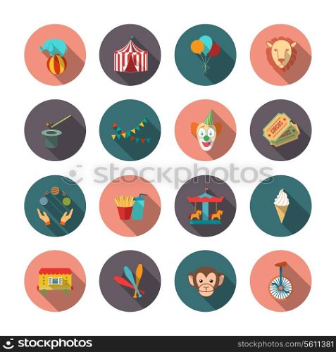 Set of circus monkey lion clown flat isolated icons with long shadows on circles vector illustration