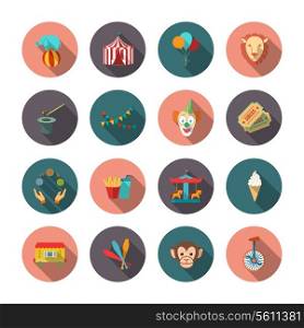 Set of circus monkey lion clown flat isolated icons with long shadows on circles vector illustration