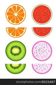 Set of citrus and exotic, tropical fruit slices, Vector graphic summer fruit icons