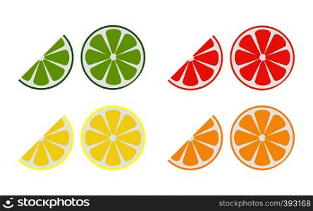 Set of citrus fruits in cut, flat design.