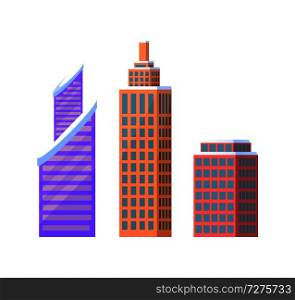 Set of city buildings icons isolated on white background. Vector illustration with types of office or dwelling houses and high skyscrapers. Set of City Buildings Icons Vector Illustration