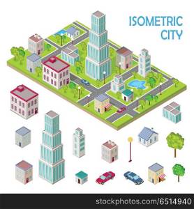 Set of City Buildings in Isometric Projection. Elements of urban landscape. Isometric projection vectors. House, skyscraper, store, shop, school, tree, car, lantern illustrations Variety storey buildings For gaming environment app infographic