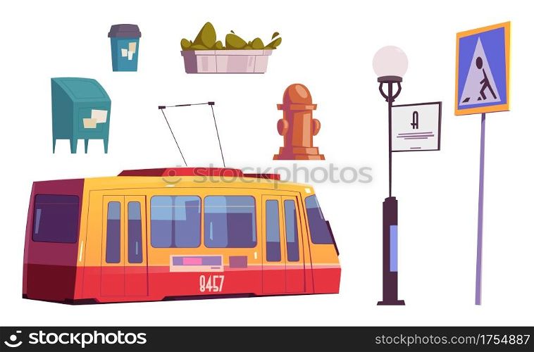 Set of city items tram, water hydrant or litter bin, mail box, street lamp with signboard, pedestrian on crosswalk road sign, green plant in flowerpot isolated on white background Cartoon vector icons. Set of city items tram, water hydrant, litter bin