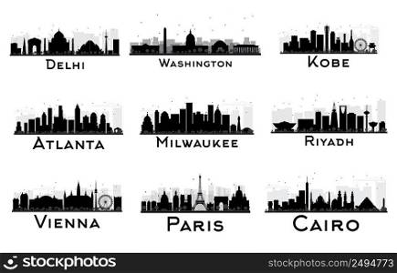 Set of City Skyline Black and White Silhouette. Vector illustration. Delhi. Washington. Kobe. Atlanta. Milwaukee. Riyadh. Vienna. Paris. Cairo. Cityscape with landmarks