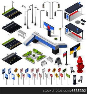Set of city street isometric elements for construction of urban landscapes with lights bench road sections with markings traffic signposts isolated vector illustration. City Street Constructor Isometric Elements