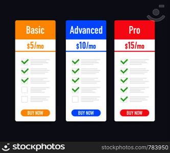 Set of clean price list. Three banners with tariffs. Flat web promo elements. Vector stock illustration.