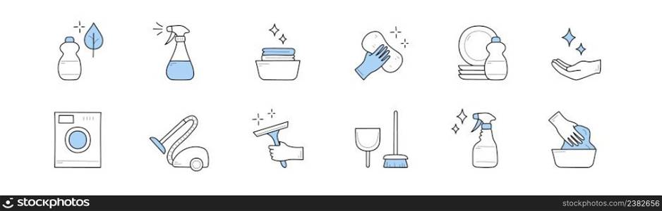 Set of cleaning and household doodle icons. Detergent bottle, vacuum cleaner, spray, sparkling dishes, hand with sponge, plates, washing machine, scoop with brush, rubber glove, Line art vector signs. Set of cleaning and household doodle icons, signs