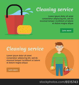 Set of Cleaning Service Flat Style Web Banners. Set of cleaning service web banners. Flat style. House cleaning vector concepts with man, sponge and bucket. Illustration with play button for housekeeping online services, sites, video, animation