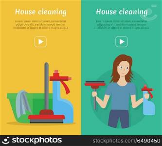 Set of cleaning service web banners. Flat style. House cleaning vector concepts with woman, sprayer and wiper. Illustration with play button for housekeeping online services, sites, video, animation . Set of Cleaning Service Flat Style Web Banners. Set of Cleaning Service Flat Style Web Banners