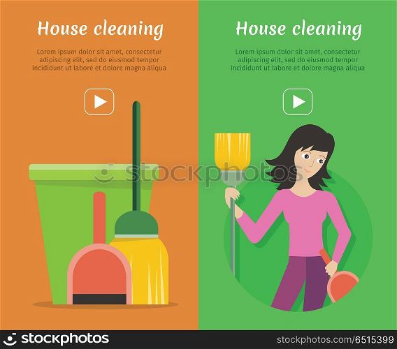 Set of cleaning service web banners. Flat style. House cleaning vector concepts with woman, broom and bucket. Illustration with play button for housekeeping online services, sites, video, animation . Set of Cleaning Service Flat Style Web Banners. Set of Cleaning Service Flat Style Web Banners