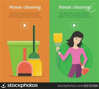Set of cleaning service web banners. Flat style. House cleaning vector concepts with woman, broom and bucket. Illustration with play button for housekeeping online services, sites, video, animation . Set of Cleaning Service Flat Style Web Banners. Set of Cleaning Service Flat Style Web Banners