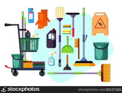 Set of cleaning supplies and tools. Brooms, sanitary, housework. Can be used for topics like cleanup, housekeeping, disinfection