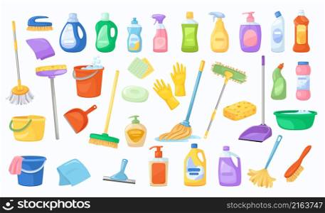 Set of cleaning tools detergents, broom and mop. Vector domestic equipment and bucket, sponge and cleaner for housework. Set of cleaning tools detergents, broom and mop