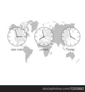 Set of clock. World time on a world map. Timezone clock. Vector illustration