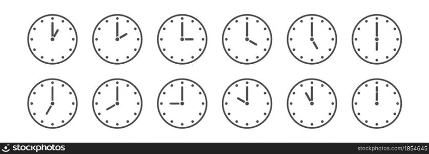set of clocks indicating the time every hour. Vector illustration for websites and applications. Flat style.