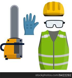Set of clothes Builder and worker. Cartoon flat illustration. Chainsaw of lumberjack. Yellow vest, helmet, glasses, gloves. Repair and maintenance. Safety and tools for cutting trees. Set of clothes Builder and worker