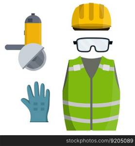 Set of clothes Builder and worker. Green vest, helmet, glasses, gloves, Grinder. Safety and tools. Cartoon flat illustration. Repair and maintenance. Metal cutting. Set of clothes Builder and worker. Green vest