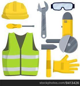 Set of clothes Builder and worker. Green vest, helmet, glasses, gloves. Grinder, screwdriver, hammer, wrench. Repair and maintenance. Safety and tools. Cartoon flat illustration. Set of clothes Builder and worker.