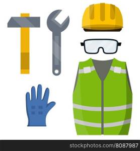 Set of clothes Builder and worker. Green vest, helmet, glasses, gloves, hammer, wrench. Repair and maintenance. Safety and tools. Cartoon flat illustration. Set of clothes Builder and worker.