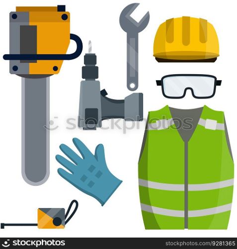 Set of clothes Builder and worker. Green vest, helmet, glasses, gloves. Repair and maintenance. Safety and tools for cutting trees. Cartoon flat illustration. Drill, screwdriver, wrench, tape measure. Set of clothes Builder and worker