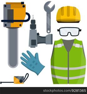 Set of clothes Builder and worker. Green vest, helmet, glasses, gloves. Repair and maintenance. Safety and tools for cutting trees. Cartoon flat illustration. Drill, screwdriver, wrench, tape measure. Set of clothes Builder and worker
